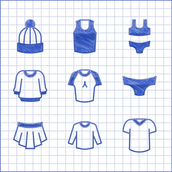 Set T-shirt, Sweater, Men underpants, Skirt, Swimsuit and Winter hat icon. Vector —  Vetores de Stock