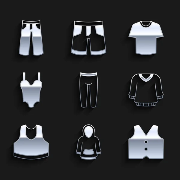 Set Leggings, Hoodie, Waistcoat, Sweater, Undershirt, Swimsuit, T-shirt and Pants icon. Vector — ストックベクタ