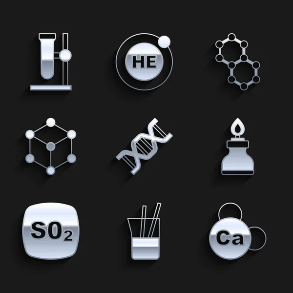 Conjunto de símbolo de ADN, cristalería de laboratorio, Mineral Ca Calcio, Alcohol alcohol espíritu quemador, dióxido de azufre SO2, molécula, y el tubo de ensayo matraz en el icono del soporte. Vector — Vector de stock