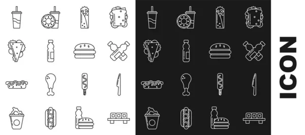 Set line Sushi on cutting board, Knife, Crossed bottle of water, Doner kebab, Bottle, Sandwich, Paper glass with drinking straw and Burger icon. Vector — Vetor de Stock