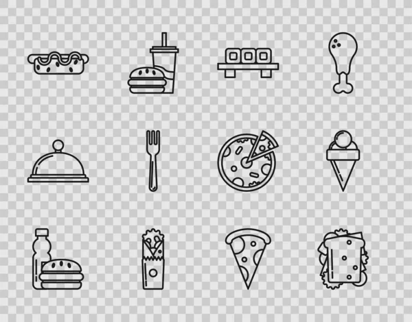 Set line Bottle of water and burger, Sandwich, Sushi on cutting board, Doner kebab, Hotdog sandwich with mustard, Fork, Slice pizza and Ice cream waffle cone icon. Vector — Wektor stockowy