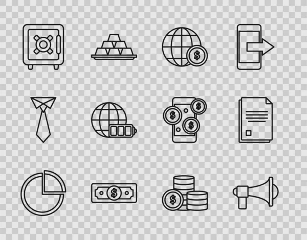 Set line Pie chart infographic, Megaphone, Earth globe with dollar symbol, Stacks paper money cash, Safe, Battery charge level indicator earth, Coin and File document icon. Vector —  Vetores de Stock