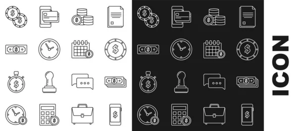 Set line Smartphone with dollar symbol, Stacks paper money cash, Coin, Clock, and Financial calendar icon. Vector — Stockvektor