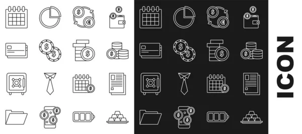 Set line Gold bars, File document, Coin money with dollar symbol, Money exchange, Credit card, Calendar and icon. Vector —  Vetores de Stock