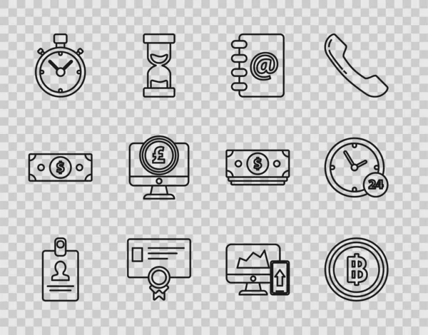 Set line Identification badge, Certificate template, Stopwatch, Computer monitor with pound sterling symbol, Financial chart graph the computer and mobile phone and Clock 24 hours icon. Vector — Stockvektor