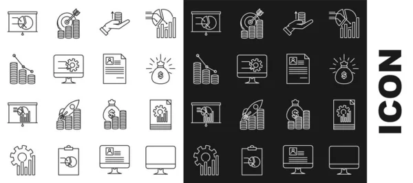 Set line Computer monitor screen, Document with graph chart, Money bag, hand, Pie infographic coin, Board and Resume icon. Vector — стоковый вектор