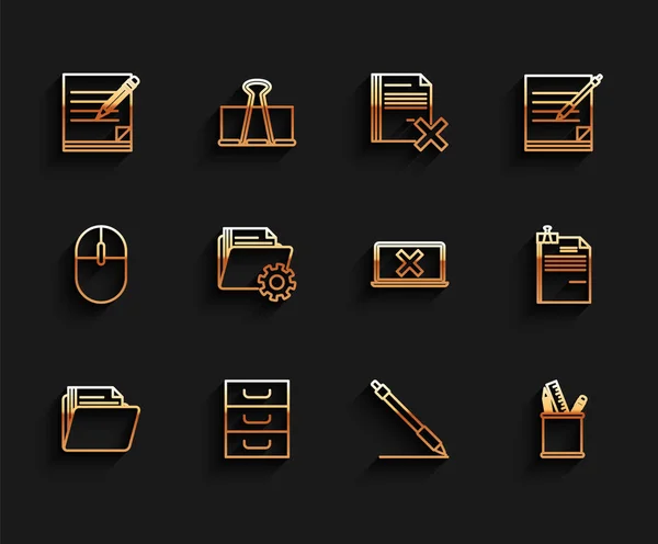 Set line Document folder, Drawer with documents, Blank notebook and pencil eraser, Pen line, Pencil case stationery, Folder settings gears, File binder clip and Laptop cross mark screen icon. Vector — Vetor de Stock