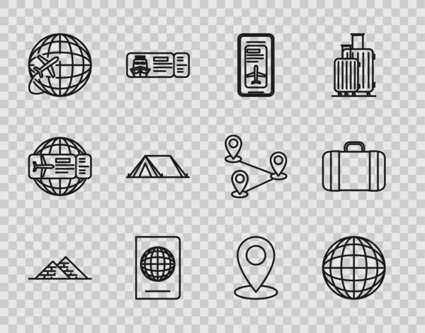 Set line Egypt pyramids, Earth globe, Smartphone with electronic boarding pass airline ticket, Passport biometric data, Globe flying plane, Tourist tent, Map pin and Suitcase for travel icon. Vector — Stockový vektor