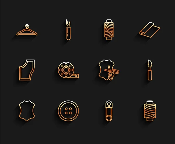 Set line Leather, Sewing button for clothes, Hanger wardrobe, Classic closed steel safety pin, thread spool, Tape measure, Cutter tool and Scissors and leather icon. Vector — Image vectorielle