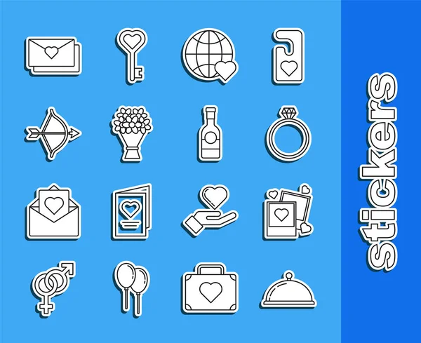 Set line Covered with a tray of food, Two blanks photo frames and hearts, Diamond engagement ring, The world love, Bouquet flowers, Bow arrow, Envelope Valentine and Champagne bottle icon. Vector — Stockový vektor