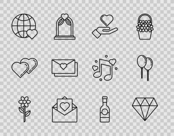 Set line Flower, Diamond, Heart hand, Envelope with Valentine heart, The world love, Champagne bottle and Balloons ribbon icon. Vector — Stockvektor