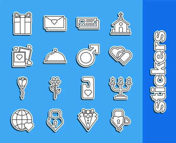 Set line Castle in the shape of a heart and key, Candlestick, Two Linked Hearts, Ticket with, Covered tray food, blanks photo frames hearts, Gift box and Male gender symbol icon. Vector — Stockový vektor