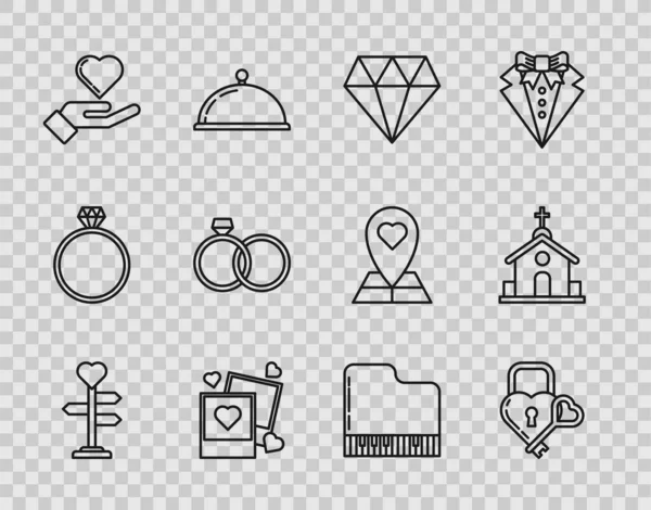 Set line Signpost with heart, Castle in the shape of and key, Diamond, Two blanks photo frames hearts, Heart hand, Wedding rings, Grand piano and Church building icon. Vector — Stock Vector