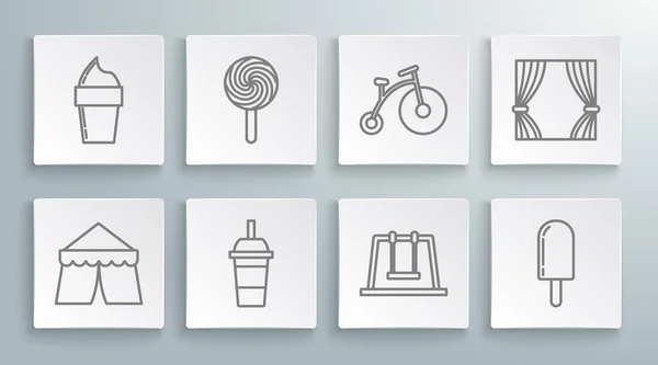 Set line Circus tent, Lollipop, Paper glass with drinking straw and water, Swing, Ice cream, Vintage bicycle one big wheel one small, Curtain and waffle cone icon. Vector — 스톡 벡터