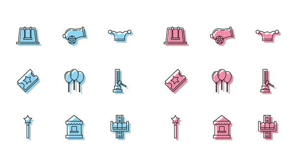 Set line Magic wand, Ticket box office, Swing, Attraction carousel, Balloons with ribbon, High striker attraction big hammer, and Cannon icon. Vector — Image vectorielle