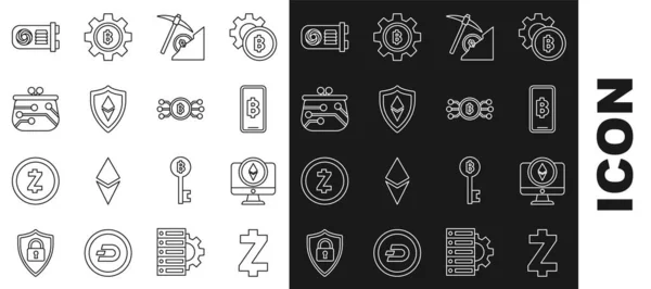 Set line Cryptocurrency coin Zcash ZEC, Monitor and Ethereum ETH, Phone mobile cryptocurrency Bitcoin, cloud mining, Shield, wallet, Mining farm and bitcoin circle with microchip circuit icon. Vector — Stockvector