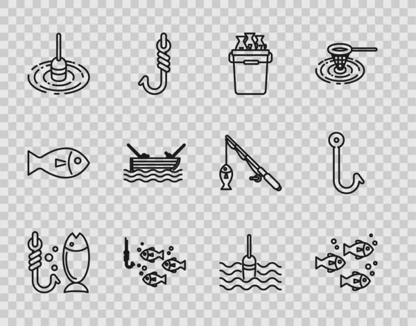 Set line Fishing, bucket with fishes, hook under water, float, boat fishing rod on, and icon. Vector — Stok Vektör