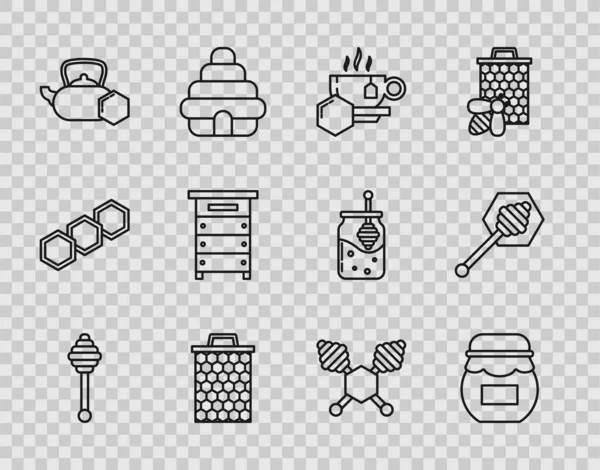 Set line Honey dipper stick, Jar of honey, Cup tea with, Honeycomb, Tea kettle, Hive for bees, and icon. Vector — Vetor de Stock