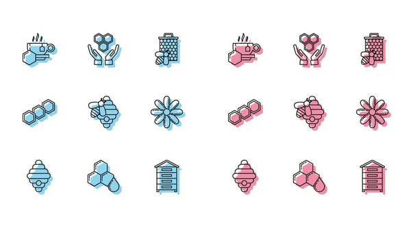 Set line Hive for bees, Honeycomb, Cup of tea with honey, Flower, and and hands icon. Vector — стоковый вектор