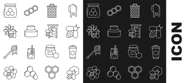 Set line Bee and honeycomb, Cup of tea with, Honeycomb, Beekeeper protect hat, flower, Jar and Hive for bees icon. Vector — стоковый вектор