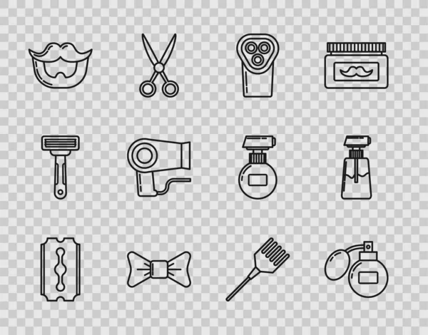 Set line Blade razor, Aftershave, Electrical hair clipper shaver, Bow tie, Mustache and beard, Hair dryer, Hairbrush and Cream lotion cosmetic tube icon. Vector — Stock Vector