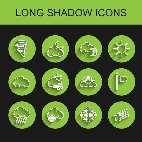 Set line Cloud with rain, snow, Tornado, Snowflake, Falling star, Windy weather, Cone meteorology windsock wind vane and Rainbow clouds icon. Vector — Vector de stock