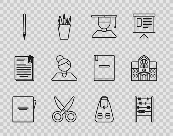 Set line Notebook, Abacus, Graduate and graduation cap, Scissors, Pen, Teacher, School backpack and building icon. Vector — 스톡 벡터