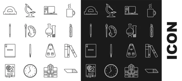 Set line Eraser or rubber, Computer monitor keyboard mouse, Paint brush palette, Pencil eraser, Protractor grid for measuring degrees and Test tube flask chemical laboratory test icon. Vector — Vetor de Stock