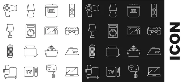 Set line Laptop, Electric iron, Gamepad, Slow cooker, Remote control, Table lamp, Hair dryer and Microwave oven icon. Vector — Stockový vektor