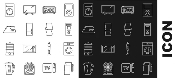 Set line Power bank with different charge cable, Washer, Remote control, Digital alarm clock, Refrigerator, Electric iron, and Table lamp icon. Vector — Image vectorielle