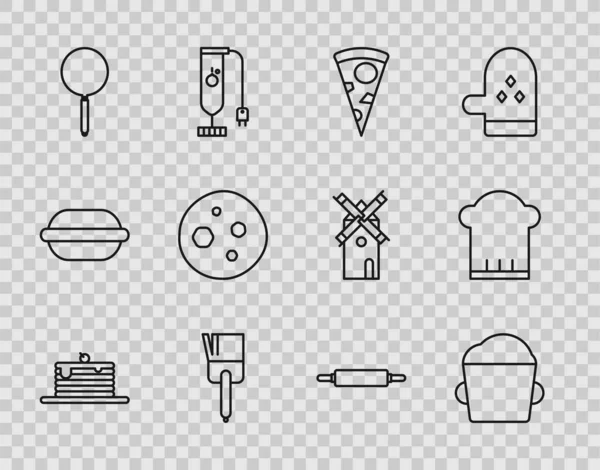 Set line Stack of pancakes, Bakery bowl dough, Slice pizza, Kitchen brush, Frying, Cookie or biscuit with chocolate, Rolling pin and Chef hat icon. Vector —  Vetores de Stock