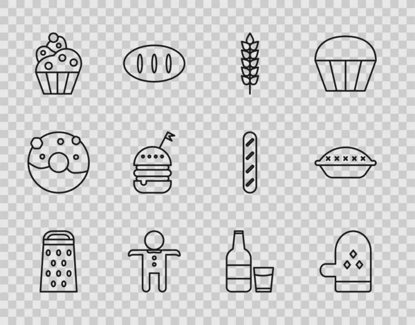 Set line Grater, Oven glove, Cereals with rice, wheat, corn, oats, rye, Holiday gingerbread man cookie, Cupcake, Burger, Glass bottle milk and glass and Homemade pie icon. Vector — 스톡 벡터