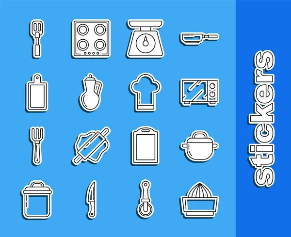 Set line Citrus fruit juicer, Cooking pot, Microwave oven, Scales, Bottle of olive oil, Cutting board, Spatula and Chef hat icon. Vector — ストックベクタ
