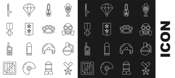 Set line Military reward medal, Hand grenade, Gas mask, dog tag, Chevron, Police rubber baton and Brass knuckles icon. Vector — ストックベクタ