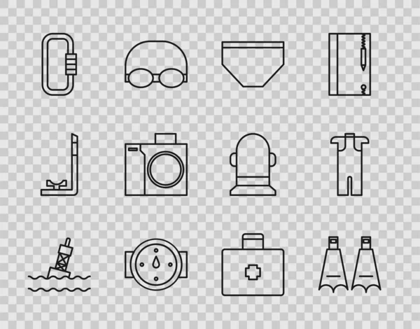 Set line Floating buoy on the sea, Rubber flippers for swimming, Swimming trunks, Wind rose, Carabiner, Photo camera diver, First aid kit and Wetsuit scuba diving icon. Vector — Image vectorielle