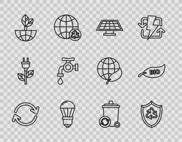 Set line Refresh, Recycle symbol inside shield, Solar energy panel, LED light bulb, Earth globe and leaf, Water tap, bin with recycle and Leaf Bio icon. Vector — Vetor de Stock