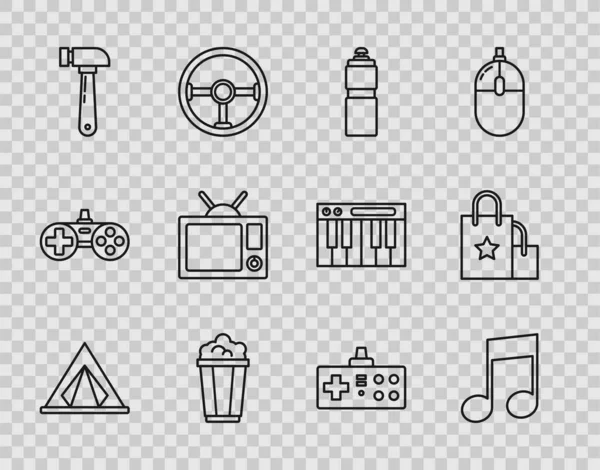 Set line Tourist tent, Music note, tone, Fitness shaker, Popcorn in cardboard box, Hammer, Television, Gamepad and Paper shopping bag icon. Vector — Vettoriale Stock