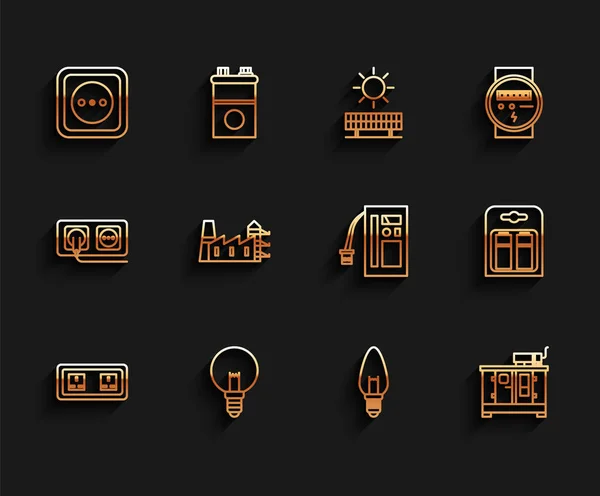 Set line Electrical outlet, Light bulb, Diesel power generator, Power station plant and factory, Battery in pack and icon. Vector —  Vetores de Stock