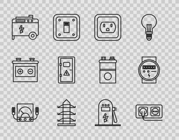 Set line Ampere meter, multimeter, voltmeter, Electrical outlet, in the USA, High voltage power pole line, Portable electric generator, cabinet, car charging station and icon. Vector — Stock Vector