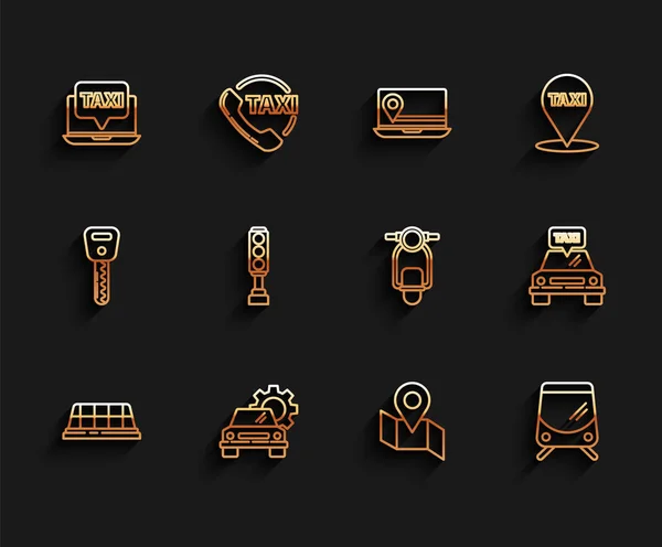 Set line Taxi car roof, Car service, Laptop call taxi, Folded map with location marker, Tram and railway, Traffic light, and Scooter icon. Vector — Stockvektor