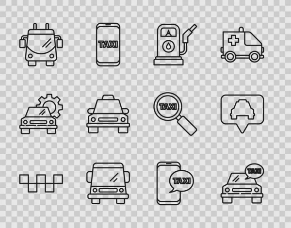 Set line Taxi car roof, Petrol or Gas station, Car, Trolleybus, call telephone service and Map pointer with taxi icon. Vector - Stok Vektor