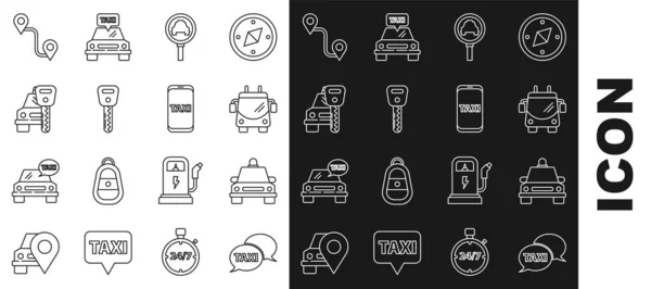Set line Taxi call telephone service, car, Trolleybus, Magnifying glass and taxi, Car key, rental, Route location and icon. Vector —  Vetores de Stock