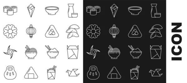 Set line Origami bird, Rstaurant opened take out box filled, Chinese fortune cookie, Bowl of hot soup, Japanese paper lantern, Flower, Sushi and icon. Vector — Image vectorielle