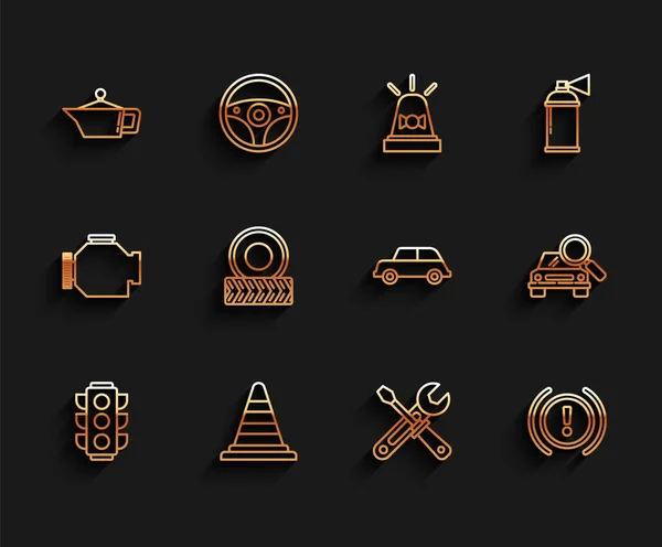 Set line Traffic light, cone, Canister for motor machine oil, Screwdriver and wrench tools, Brake system warning, Car wheel, search and icon. Vector — Image vectorielle