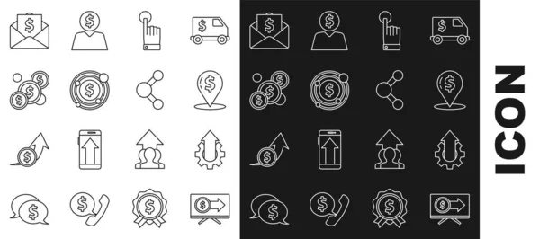 Set line Monitor with dollar, Arrow growth gear business, Cash location pin, Hand touch and tap gesture, Target symbol, Coin money, Envelope coin and Share icon. Vector —  Vetores de Stock