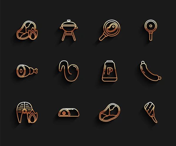 Set line Grilled fish steak and fire flame, Meat, meat, Steak, Rib eye, Fried chicken wing, Sausage and Pepper icon. Vector — Wektor stockowy