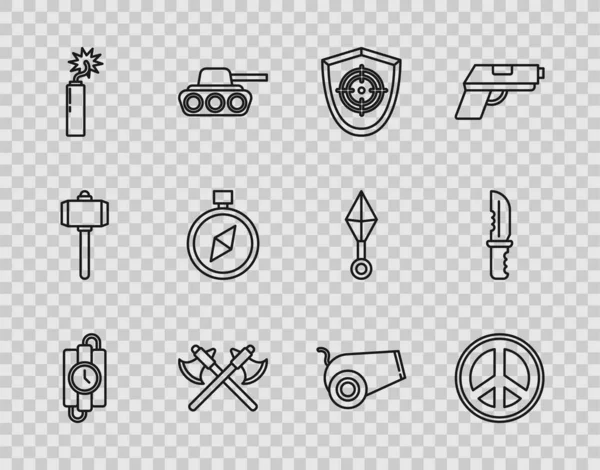 Set line dynamite stick and timer clock, Peace, Target sport, Crossed medieval axes, Dynamite bomb, Compass, Cannon and Military knife icon. Vector — Stockvektor