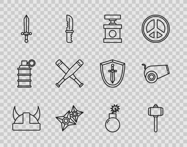 Set line Viking in horned helmet, Battle hammer, Handle detonator for dynamite, Japanese ninja shuriken, Medieval sword, Crossed baseball bat, Bomb ready explode and Cannon icon. Vector — стоковый вектор