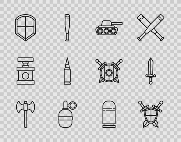 Set line Medieval axe, shield with crossed swords, Military tank, Hand grenade, Shield, Bullet, Cartridges and icon. Vector — Image vectorielle