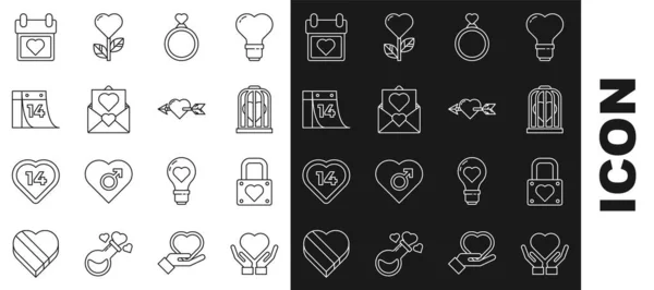 Set line Heart on hand, Lock heart, in the bird cage, Wedding rings, Envelope with Valentine, Calendar February 14, and Amour arrow icon. Vector — 스톡 벡터